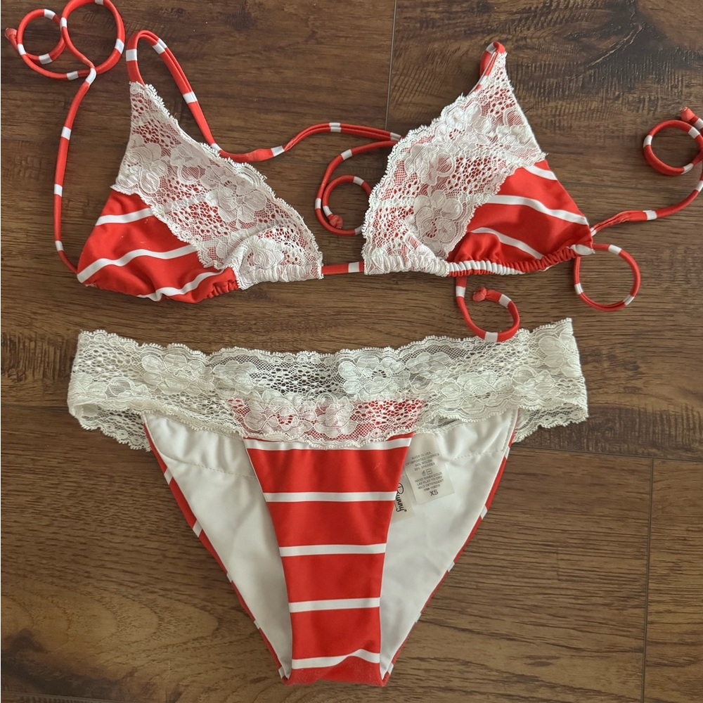 Beach Bunny Red and White Striped Lace Bikini Set